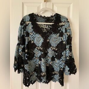 Kobi Halperin Embroided Floral Crochet Open Knit Tunic Bell Sleeves